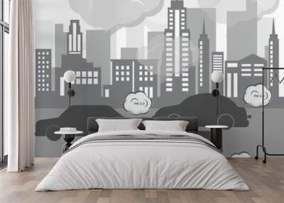 Air pollution environment at city, vehicle traffic and toxic pollution. Car with carbon dioxide clouds.  flat vector illustration. Wall mural